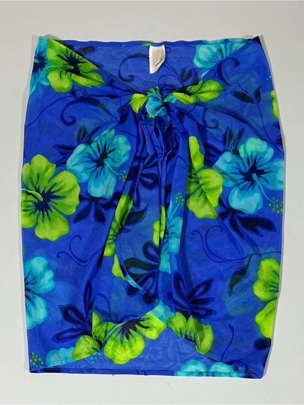 Blue Neon Tropical Hibiscus Floral Beach Swim Coverup Sarong Mini Skirt O/S 💚💙✨